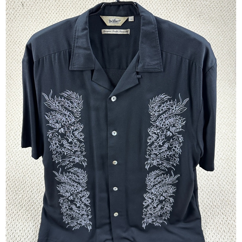 Da Vinci California Shirt Men XL Black Button up Embroidered Dragon Camp Bowling